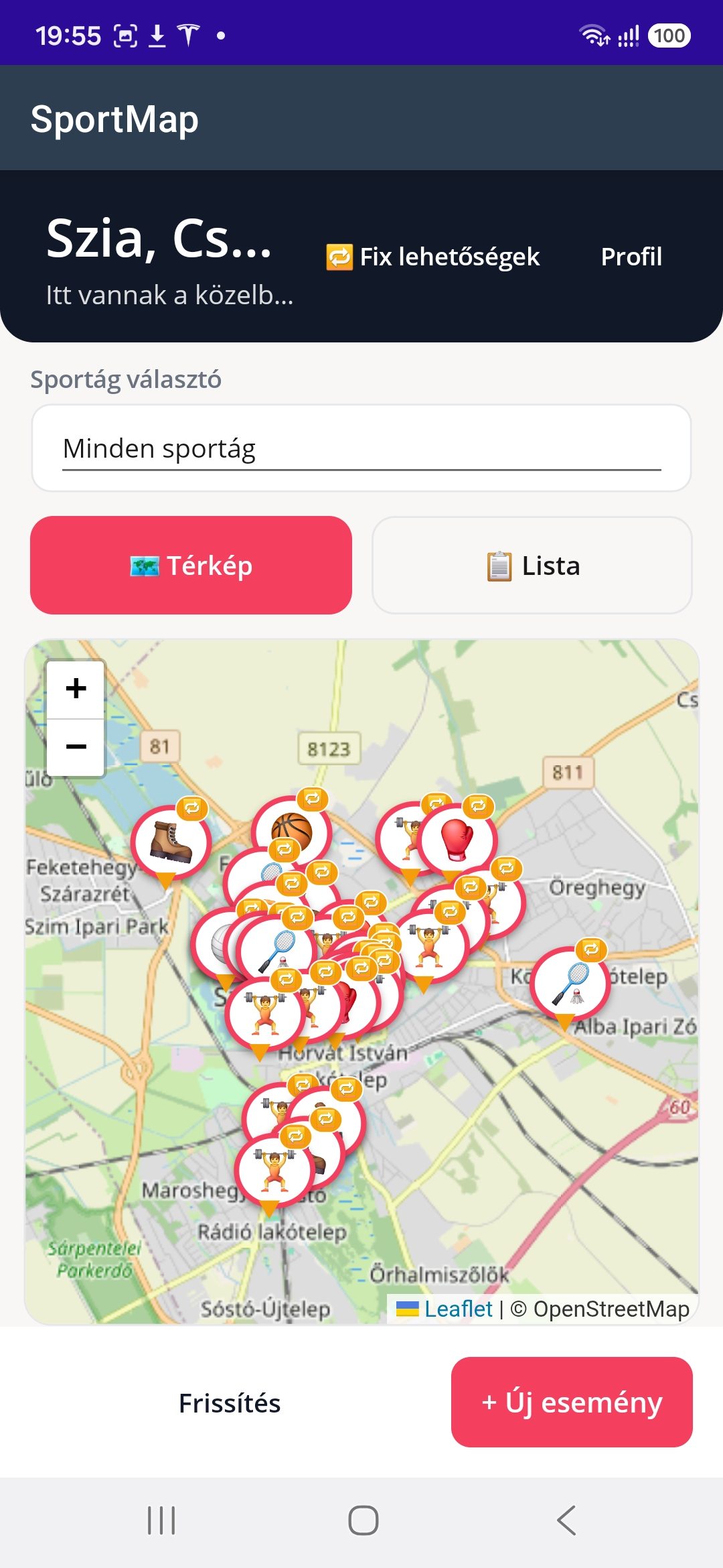 A SportMap alkalmazás a telefonon